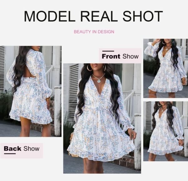 Dokotoo Womens 2024 Spring Summer Deep V Neck Ruffle Floral Flowy Mini Dress - Image 5