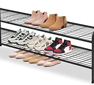AOODA Long 2 Tier Shoe Rack for Closet Metal Wide Stackable Shoe Storage Organizer for Entryway, Bedroom, Floor, 18-Pairs Low Shoe Shelf, Black