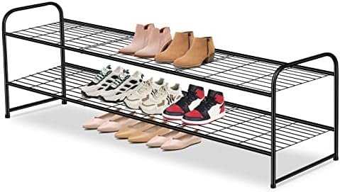 AOODA Long 2 Tier Shoe Rack for Closet Metal Wide Stackable Shoe Storage Organizer for Entryway, Bedroom, Floor, 18-Pairs Low Shoe Shelf, Black