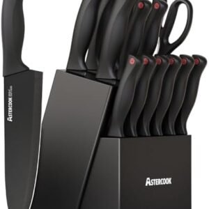 Astercook 15 Piece Knife Set with Sharpener Block - German Stainless Steel, Dishwasher Safe Kitchen Knives with Built-In Sharpener, Black