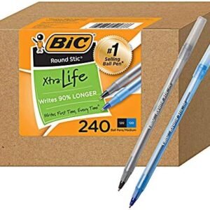 BIC PENS Large Bulk Pack of 240 Ink Pens, Bic Round Stic Xtra Life Ballpoint , Medium point 1.0 mm, 120 Black & 120 Blue Pens in Box Combo Pack