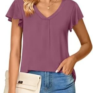 Bestbee Women's Short Sleeve Tops V Neck Flowy Sleeve Shirts Loose Fit Blouses Cute Summer Casual T-Shirts