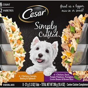 CESAR SIMPLY CRAFTED Adult Wet Dog Food Meal Topper Variety Pack, Chicken, Duck, Purple Potatoes, Pumpkin, Green Beans & Brown Rice and Chicken, Carrots, Barley & Spinach, 1.3 oz. Tubs, Pack of 8