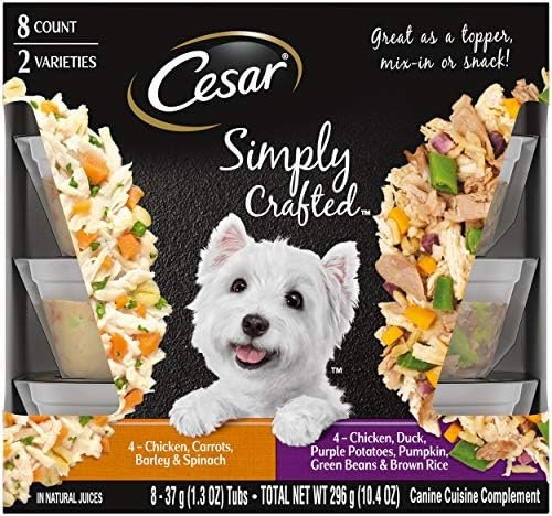 CESAR SIMPLY CRAFTED Adult Wet Dog Food Meal Topper Variety Pack, Chicken, Duck, Purple Potatoes, Pumpkin, Green Beans & Brown Rice and Chicken, Carrots, Barley & Spinach, 1.3 oz. Tubs, Pack of 8