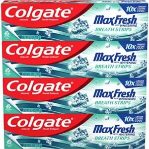 Colgate Max Fresh Whitening Toothpaste with Mini Strips, Clean Mint Toothpaste for Bad Breath, Helps Fight Cavities, Whitens Teeth, and Freshens Breath, 6.3 Ounce (Pack of 4)