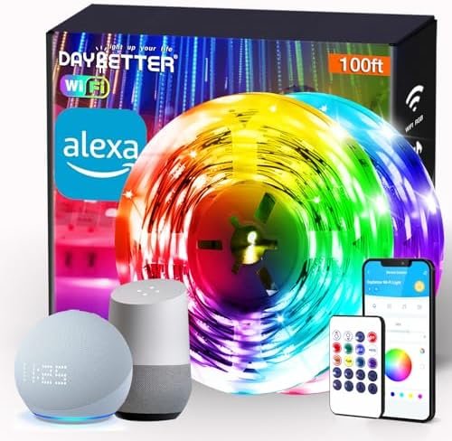 DAYBETTER Smart WiFi Led Lights 100ft - Led Strip Lights Work with Alexa and Google Assistant RGB Strip Lighting Music Sync Color Changing with App Voice Remote Control for Room Bedroom Decor 50ft*2