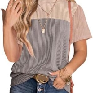 Dokotoo Womens Color Block Fashion Short Sleeve Crewneck Knitted Spring Summer Casual Loose T Shirts Tops