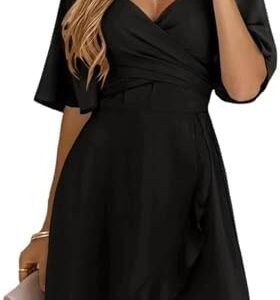 Dokotoo Women's Wrap V Neck Short Flared Sleeve Wedding Guest Dress Smocked Elastic Waist Tiered Belted Ruffle Hem Mini Dress