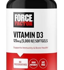 FORCE FACTOR Vitamin D3 5000 IU Softgels, High-Potency Vitamin D Supplement to Support Immunity and Bone Health, Premium Quality, No Preservatives, 120 Softgels