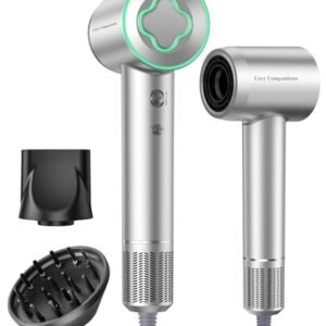 Hair Dryer - 150000 RPM High-Speed Brushless Motor Negative Ionic Blow Dryer for Fast Drying, Low Noise Thermo-Control Hair Dryer with Diffuser and Nozzle, Silvery
