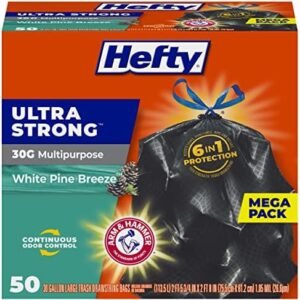 Hefty Ultra Strong 30 Gallon Trash Bags, Large Trash Bags 30 Gallon Size, Multipurpose, Break Resistant Drawstring Closure, Resists Leaks, Punctures, and Tears, Black, White Pine Breeze Scent, 50 Bags