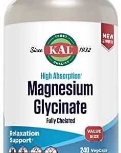 KAL Magnesium Glycinate, New & Improved Fully Chelated High Absorption Formula with BioPerine, Bisglycinate Chelate for Stress, Relaxation, Muscle & Bone Health Support, 60 Servings, 240 VegCaps