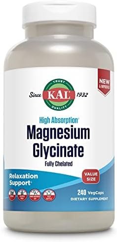 KAL Magnesium Glycinate, New & Improved Fully Chelated High Absorption Formula with BioPerine, Bisglycinate Chelate for Stress, Relaxation, Muscle & Bone Health Support, 60 Servings, 240 VegCaps