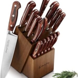 Knife Set, 15-pcs Emojoy Kitchen Knife Set with Block, Premium Kitchen Knives with Heavy Poultry Shears, Sharpener and 6pcs Serrated Steak Knives