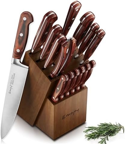 Knife Set, 15-pcs Emojoy Kitchen Knife Set with Block, Premium Kitchen Knives with Heavy Poultry Shears, Sharpener and 6pcs Serrated Steak Knives