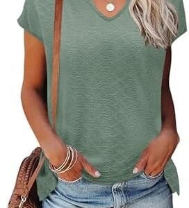 LUYAA Women's Casual Cap Sleeve T Shirts V Neck Loose Tunic Tops Summer Basic Solid Blouses