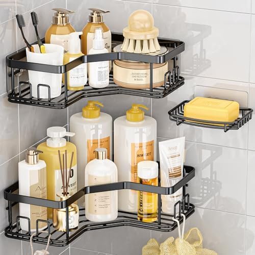 MAXIFFE Shower Caddy, 3-Pack Shower Organizer with Soap Holder, Corner Shower Caddy with 8 Hooks, Wall Mounted Shower Shelf for Bathroom, Kitchen, Countertop, Black