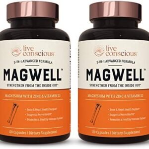 Magnesium Zinc & Vitamin D3 - Bioavailable Forms of Magnesium - Malate, Glycinate, Citrate - MagWell by Live Conscious | Bone & Heart Health, Immune System Support - 120 Capsules (2-Pack)