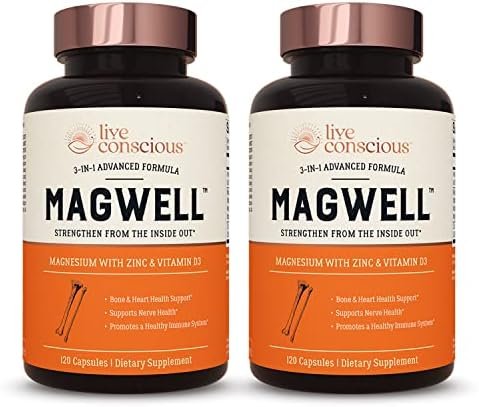 Magnesium Zinc & Vitamin D3 - Bioavailable Forms of Magnesium - Malate, Glycinate, Citrate - MagWell by Live Conscious | Bone & Heart Health, Immune System Support - 120 Capsules (2-Pack)