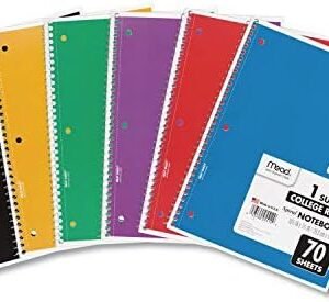 Mead Spiral Notebooks, 6 Pack, 1 Subject, College Ruled Paper, 7-1/2" x 10-1/2", 70 Sheets per Notebook, Color Will Vary (73065)