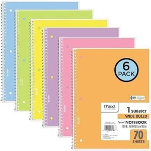 Mead Spiral Notebooks, 6 Pack, 1-Subject, Wide Ruled Paper, 8" x 10-1/2", 70 Sheets, Assorted Pastel Colors (930050-ECM)