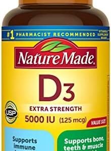 Nature Made Extra Strength Vitamin D3 5000 IU (125 mcg), Dietary Supplement for Bone, Teeth, Muscle and Immune Health Support, 180 Softgels, 180 Day Supply
