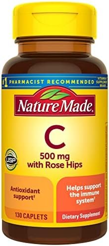 Nature Made Vitamin C 500 mg with Rose Hips, Dietary Supplement for Immune Support, 130 Caplets, 130 Day Supply