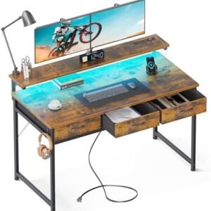 ODK 48 Inch Office Desk with 3 Drawers and USB Power Outlets, Computer Desk with LED Lights and Adjustable Monitor Stand, Work from Home, Modern Work/Writing/Study Table for Bedroom, Vintage