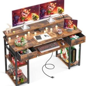ODK 48 inch Computer Office Desk with USB Charging Port and Keyboard Tray, Writing Desk with 2 Drawers and Monitor Stand, Study Table with CPU Stand and Removable Shelf for Storage, Vintage