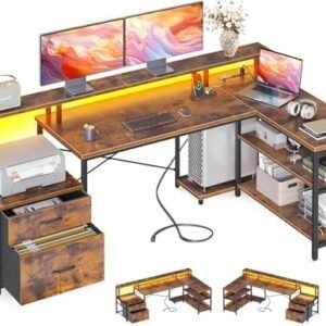 ODK L Shaped Desk with File Drawer, 66" Reversible L Shaped Computer Desk with Power Outlet & LED Strip, Office Desk with Storage Shelves, Gaming Desk with Monitor Shelf, Corner Desk, Vintage