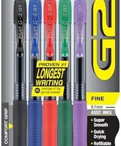 Pilot, G2 Premium Gel Roller Pens, Fine Point 0.7 mm, Assorted Colors, Pack of 5