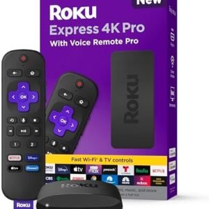 Roku Express 4K Pro with Voice Remote Pro - Roku Streaming Device 4K/HDR, Rechargeable Roku Remote, Hands-Free Controls, Lost Remote Finder, Free & Live TV - Amazon Exclusive