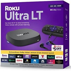 Roku Ultra LT (2023) HD/4K/HDR Dolby Vision Quad-Core Streaming Player with HDMI Cable, Headphones, Voice Remote w/ Private Listening, Ethernet