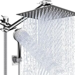 Shower Head Combo,10 Inch High Pressure Rain Shower Head with 11 Inch Adjustable Extension Arm and 5 Settings Handheld ,Powerful Shower Spray Against Low Pressure Water with Long Hose