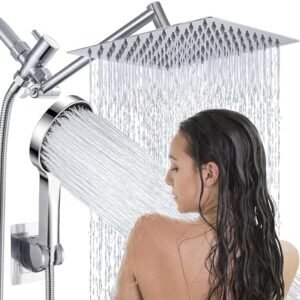 Shower Head,8”Rain Shower Head with Handheld Spray Combo with 11'' Angle Adjustable Extension Arm/Flow Regulator/Shower System,High Pressure Rainfall Shower Head Bathroom,Chrome