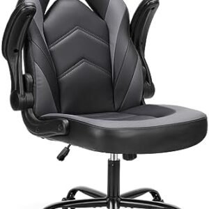 Sweetcrispy Computer Gaming Desk Chair - Ergonomic Office Executive Adjustable Swivel Task PU Leather Racing Chair with Flip-up Armrest for Adults, Kids, Men, Girls, Gamer, Black Grey