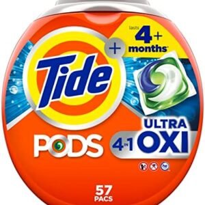 Tide PODS Liquid Laundry Detergent Soap Pacs, 4-n-1 Ultra Oxi, HE Compatible, Built in Pre-treater for Stains, 57 Count
