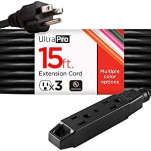 UltraPro 15 Ft Indoor Extension Cord 3 Outlet Extension Cords Outlet Power Strip Long Extension Cord with Multiple Outlets Grounded Heavy Duty Extension Cord 16 Gauge UL Listed Black 50786