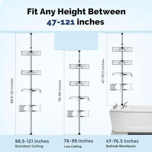 HAMITOR Corner Shower Caddy Tension Pole: Quick Installation 4-Tier Rustproof Bathroom Organizer Shelves for Bathtub Shampoo Storage - 47-121 inch Adjustable Floor Standing Bath Rack Holder - Silver - Image 2