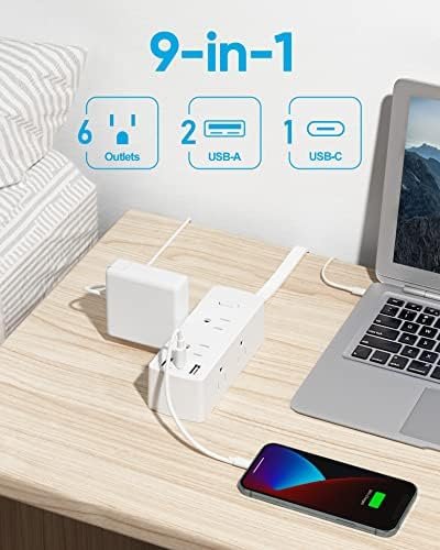 Flat Plug Power Strip, Olcorife Flat Extension Cord 5ft, 6 Outlets 3 USB Ports(1 USB C), 3-Side Outlet Extender Surge Protector for Home Office Travel Dorm Room Essentials, White - Image 3