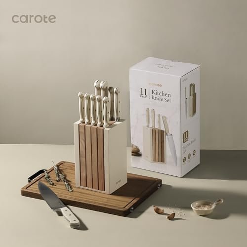CAROTE 11PCS Knife Set with Block for kitchen, Stainless Steel Razor-Sharp Blade, Triple Riveted Ergonomic Handle,Essential Knife Set, Beige - Image 3