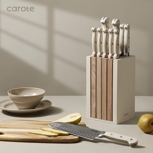 CAROTE 11PCS Knife Set with Block for kitchen, Stainless Steel Razor-Sharp Blade, Triple Riveted Ergonomic Handle,Essential Knife Set, Beige - Image 8