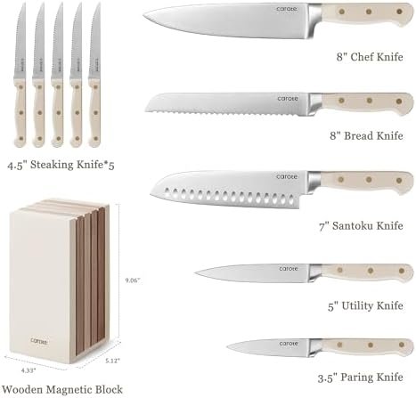 CAROTE 11PCS Knife Set with Block for kitchen, Stainless Steel Razor-Sharp Blade, Triple Riveted Ergonomic Handle,Essential Knife Set, Beige - Image 2