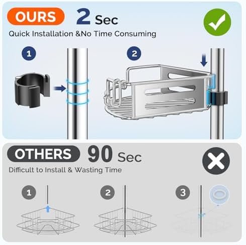 HAMITOR Corner Shower Caddy Tension Pole: Quick Installation 4-Tier Rustproof Bathroom Organizer Shelves for Bathtub Shampoo Storage - 47-121 inch Adjustable Floor Standing Bath Rack Holder - Silver - Image 3