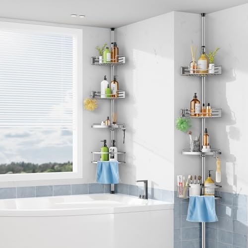 HAMITOR Corner Shower Caddy Tension Pole: Quick Installation 4-Tier Rustproof Bathroom Organizer Shelves for Bathtub Shampoo Storage - 47-121 inch Adjustable Floor Standing Bath Rack Holder - Silver - Image 7