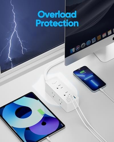 Flat Plug Power Strip, Olcorife Flat Extension Cord 5ft, 6 Outlets 3 USB Ports(1 USB C), 3-Side Outlet Extender Surge Protector for Home Office Travel Dorm Room Essentials, White - Image 6