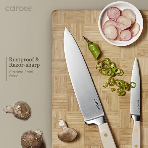 CAROTE 11PCS Knife Set with Block for kitchen, Stainless Steel Razor-Sharp Blade, Triple Riveted Ergonomic Handle,Essential Knife Set, Beige - Image 4