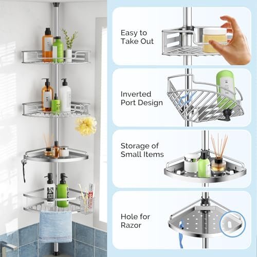 HAMITOR Corner Shower Caddy Tension Pole: Quick Installation 4-Tier Rustproof Bathroom Organizer Shelves for Bathtub Shampoo Storage - 47-121 inch Adjustable Floor Standing Bath Rack Holder - Silver - Image 6