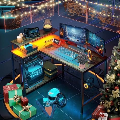 Bestier Small Gaming Desk with Power Outlets,42 L Shaped LED Computer Desk with Stand Reversible Shelves,Corner Gamer Desk with Headset Hooks USB Charging Port,Carbon Fiber Black - Image 2