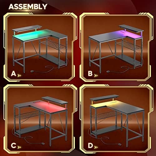 Bestier Small Gaming Desk with Power Outlets,42 L Shaped LED Computer Desk with Stand Reversible Shelves,Corner Gamer Desk with Headset Hooks USB Charging Port,Carbon Fiber Black - Image 7